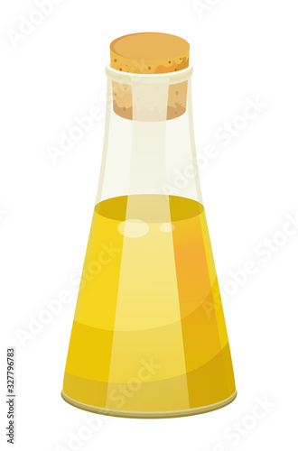 Glass bottle closed with bung with golden liquid inside. Vessel with viscous purified substance used for cooking or hair care. Vegetable, olive or sunflower, oil produced by plant. Vector illustration