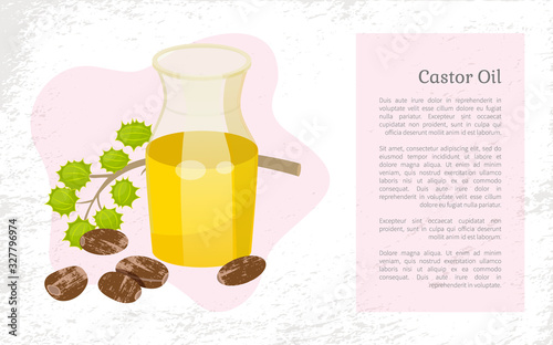 Castor oil info poster, jar with poured oily essence from seeds of ecological element for cosmetics. Hair growth and treatment, skincare and body care. Container with lotion for massage, vector