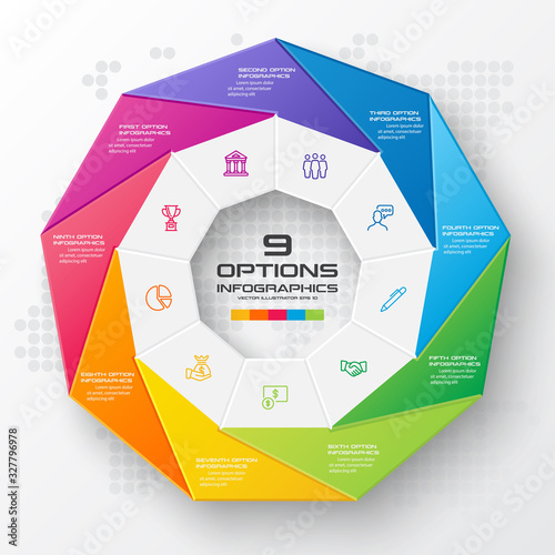 Nonagon infographic,Colorful template with 9 options,Vector illustration.