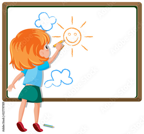 Banner template with happy girl drawing on the board