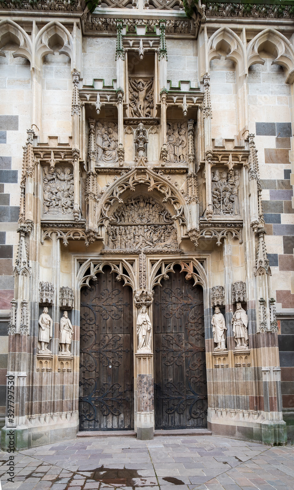North portal of Saint Elizabeth gothic cathedral in Kosice, Slovakia