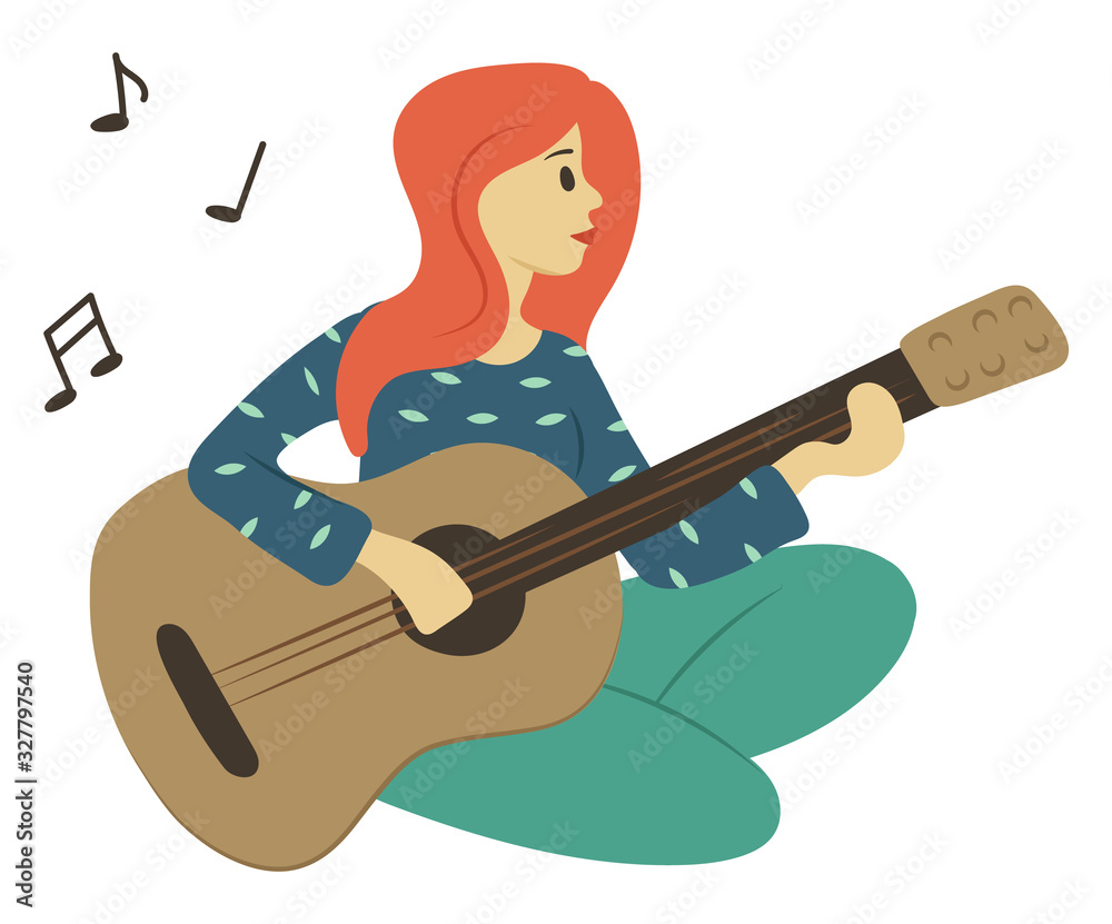 Woman playing guitar isolated cartoon character. Vector redhead lady with musical  instrument, female rock musician and notes signs. Guitarist in flat style  Stock Vector | Adobe Stock