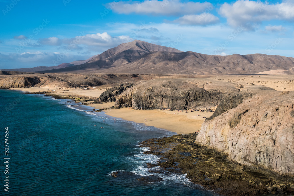 Lanzarote island volcanic coastline landscape. Beach and ocean view. Canary Island, Spain