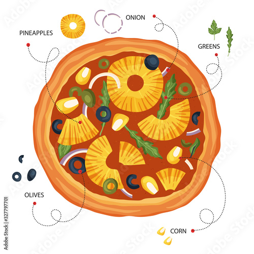 Italian cheese pizza vector illustration. Delicious tasty snack card. Flat design. Pizza meal poster with food ingredient - pineapple, olive, greens and corn.