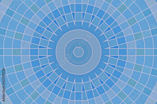 Graphic design of blue-tone tiles arranging in circle form for background.
