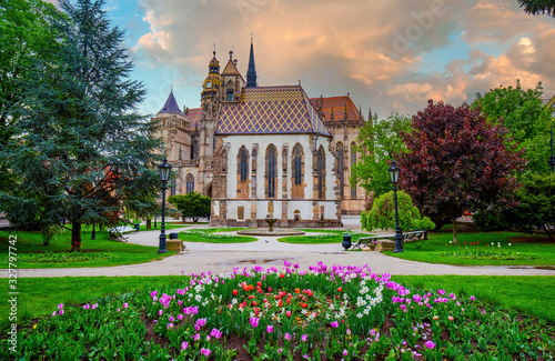 Amazing view of Freedom square with flowerbed, Michael chapel and St. Elisabeth cathedral in Kosice, Slovakia