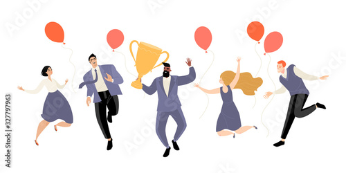 Happy young people are jumping and having fun with the winners cup in their hands. Business success.