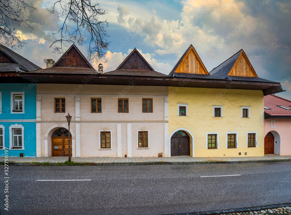 Medieval town Spisska Sobota with historic colorful houses on central street. Poprad city, Slovakia