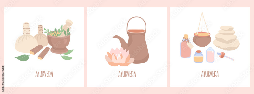 Vector illustration Ayurveda. Set of square cards with attributes of Ayurvedic massage and Shirodhara treatment. Mortar, lotus flower, essential oils, stones, and other objects in modern flat style.