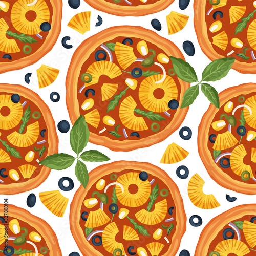 Italian cheese pineapple pizza vector illustration. Delicious tasty snack seamless pattern. Flat design. Pizza meal food ingredient - pineapple, olive, greens and corn.