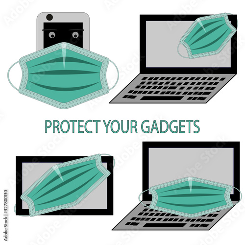 A set of modern gadgets in medical masks. Advertising of antivirus programs.