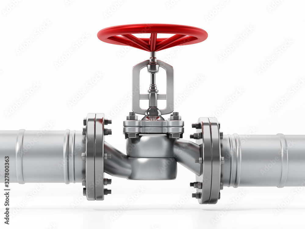 Water pipes and valve isolated on white background. 3D illustration