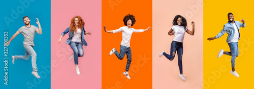 Collage of jumping multinational people on color background, panorama