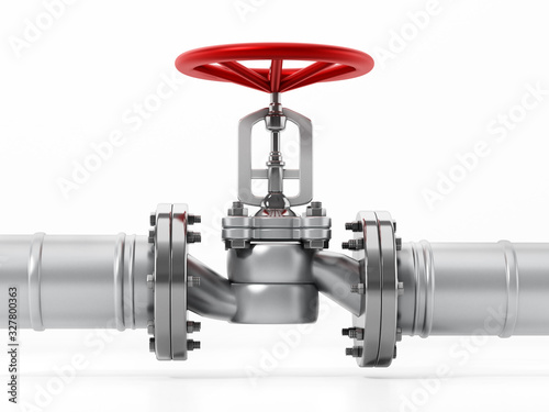 Water pipes and valve isolated on white background. 3D illustration photo