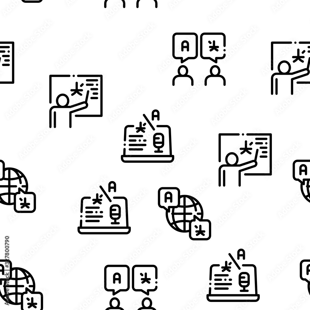 Interpreter Translator Seamless Pattern Vector Thin Line. Illustrations Interpreter Translator Seamless Pattern Vector Thin Line. Illustrations