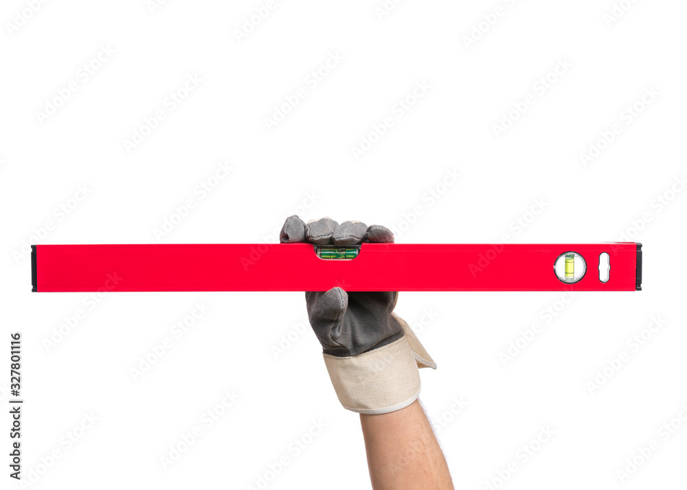 Male Hand wearing Working Glove with red bubble level tool. Human Hand ...