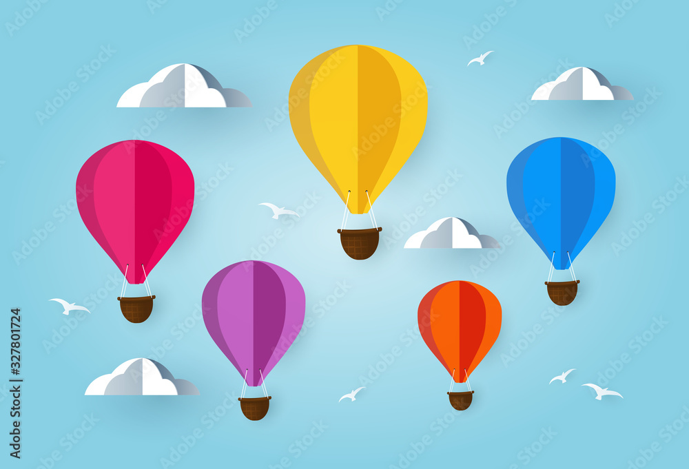 Colorful Air Balloons on sky. with Cloud and birds. paper art concept