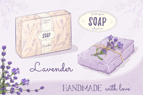 Handmade natural soap lavender. Vector hand drawn illustration of handmade soap with flowers and lettering.