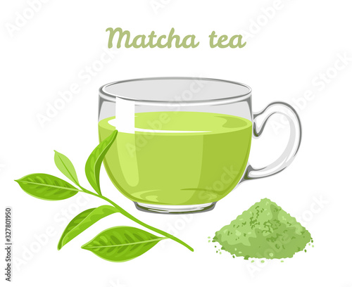 Matcha tea in glass cup isolated on white background. Vector illustration of green tea leaf, powder and fragrant drink in cartoon flat style.