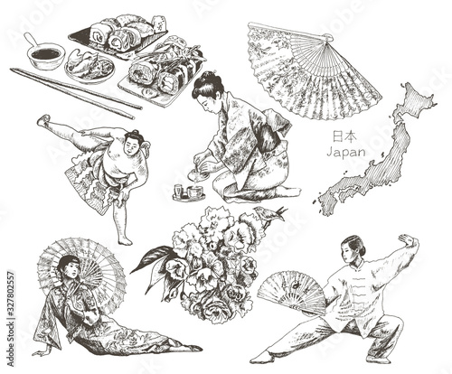 Japanese Culture Attributes and People with Hand Fan and Geisha Sitting with Umbrella Vector Illustrations Set
