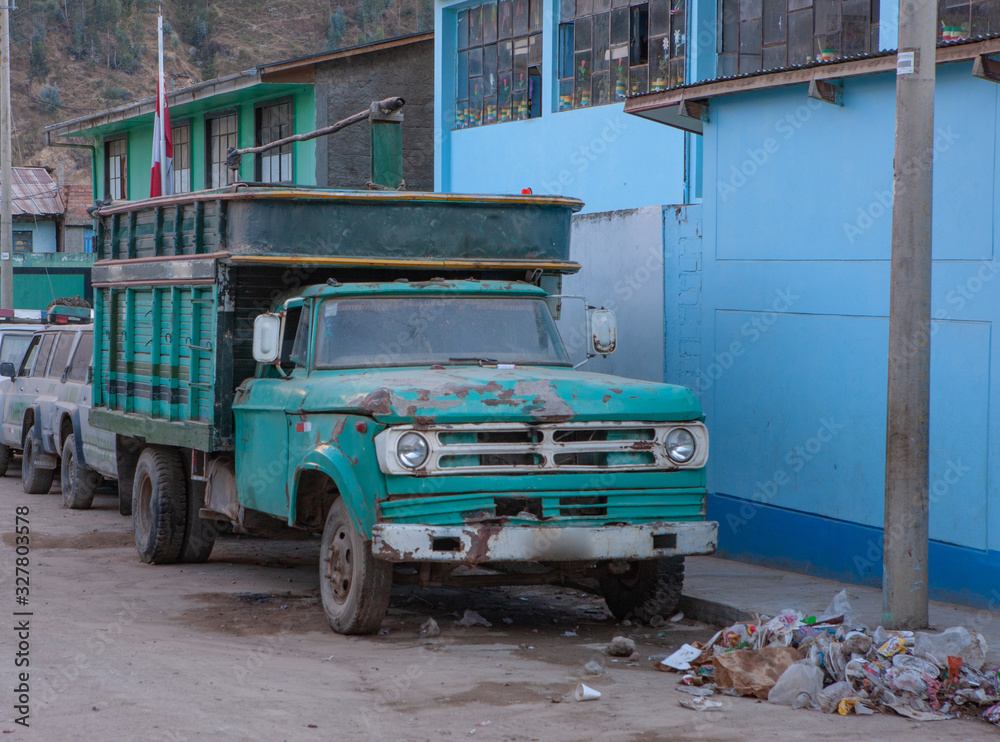 Llata Peru. Peruvian town Andes. Huascaran. Old truck. Oldtimer