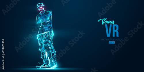 VR headset holographic low poly wireframe banner. Abstract silhouette of the polygonal statue of Venus, woman wearing virtual reality glasses. VR games. Particles on blue background, vector neon