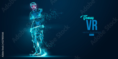 VR headset holographic low poly wireframe banner. Abstract silhouette of the polygonal statue of Venus, woman wearing virtual reality glasses. VR games. Particles on blue background, vector neon