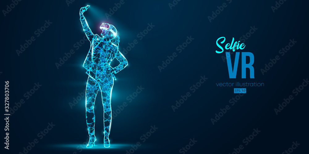 VR headset holographic low poly wireframe banner. Abstract silhouette of a woman, a girl in virtual reality glasses smiles and takes a selfie photo. VR games. Particles on blue background, vector neon