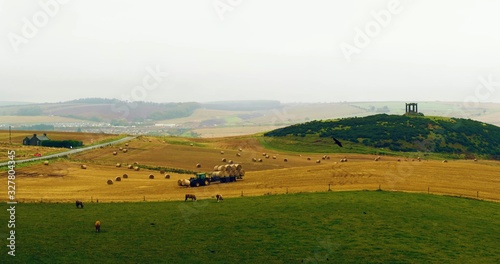 Scottish field with tractors and cattle