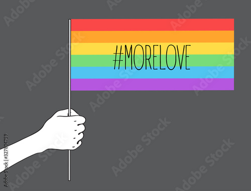 Love is Love. Human hand holding flag of LGBT community on flagstaff. Vector illustration in rainbow color for sticker, greeting card, poster, patch, t-shirt, pin.