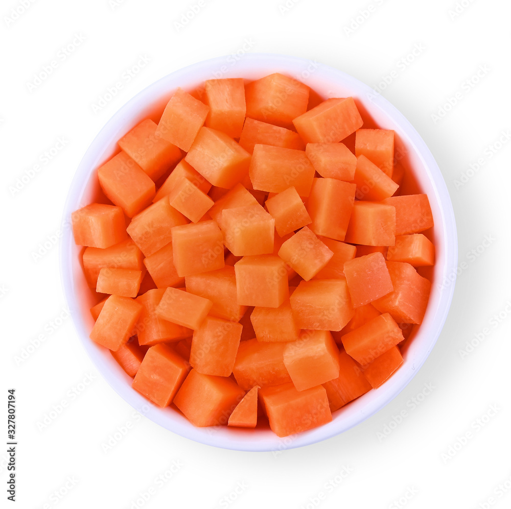 Square sliced carrots in the cup Isolated on white background Square sliced carrots in the cup Isolated on white background
