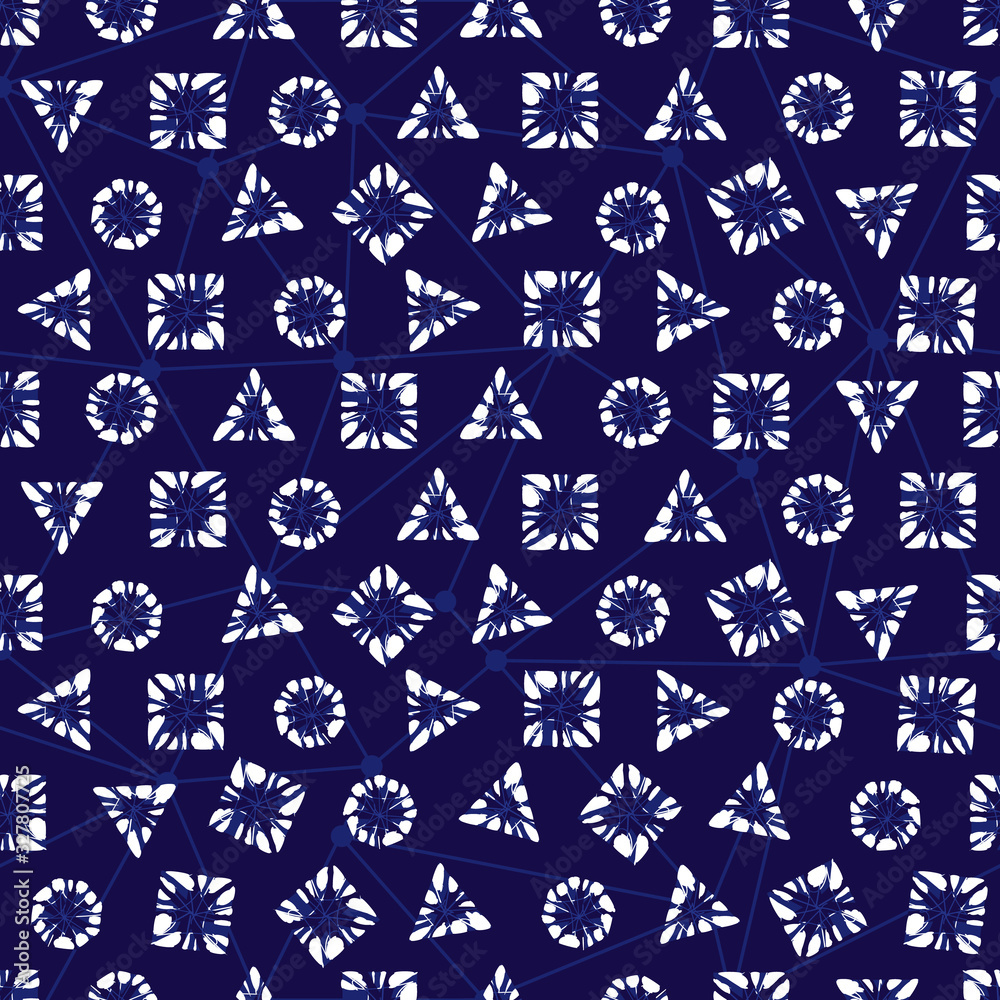 Vector blue shibori elegant triangle square circle polka dot seamless pattern with lines background. Suitable for textile, gift wrap and wallpaper. Vector blue shibori elegant triangle square circle polka dot seamless pattern with lines background. Suitable for textile, gift wrap and wallpaper.