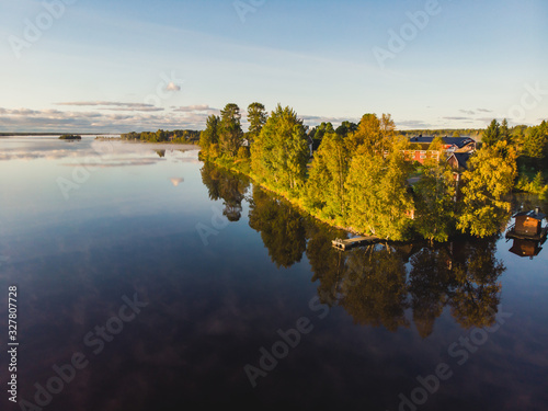 View of Kem River, Kemijoki, in a Liedakkala village in the municipality of Keminmaa in Lapland in north-western Finland, Aerial summer dawn sunrise photo