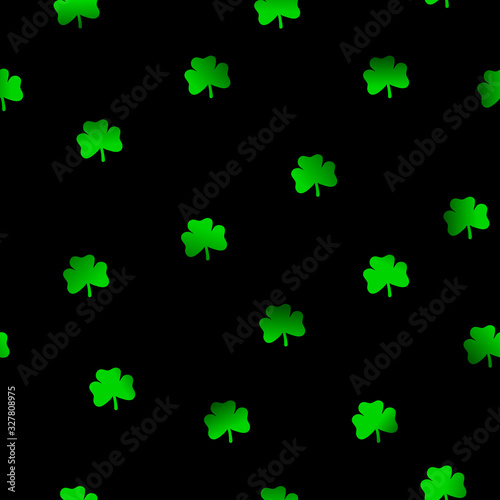Seamless floral pattern. Three leaves green gradient Clovers on black background. Symbol of good luck, success, money, St. Patrick's Day. Vector illustration for traditional Irish holiday, wallpaper