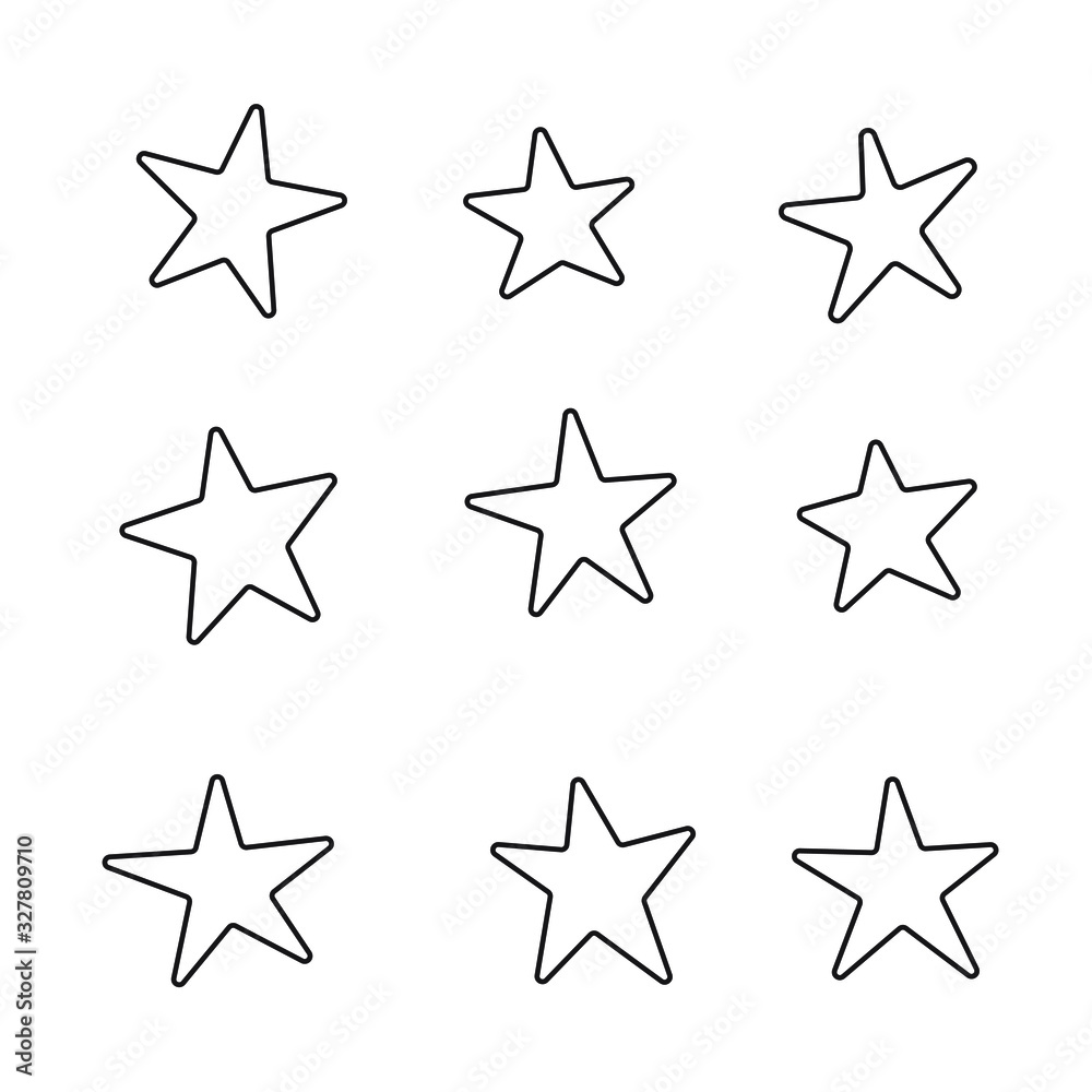 Hand drawn star icons set, various five pointed black outlined stars ...