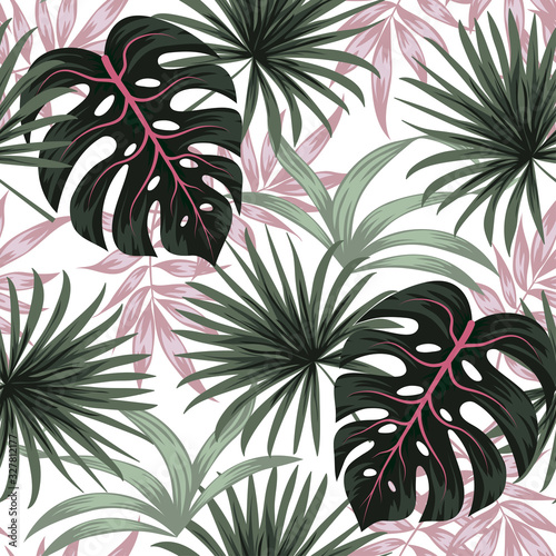 Trend seamless pattern with tropical plants and leaves in pink tones. Illustration in Hawaiian style. Jungle leaves. Botanical pattern. Vector background for various surface. Exotic wallpaper.