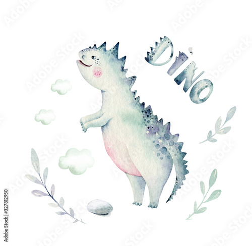 Cute cartoon baby dinosaurs collection watercolor baby shower invite  hand painted dino isolated on a white background for nursery poster decoration. Rex children funny art