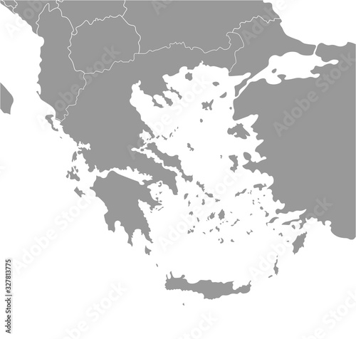 Vector modern illustration. Simplified map of Greece (Hellenic Republic). Border with nearest states (Bulgaria, Turkey, North Macedonia and etc). White background of seas