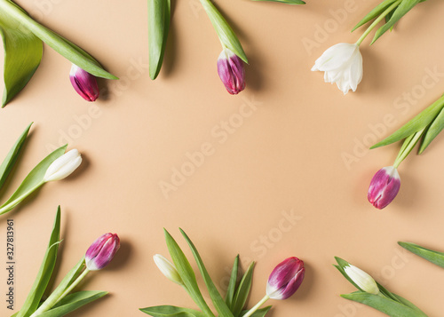 Tulips flat lay frame on beige background