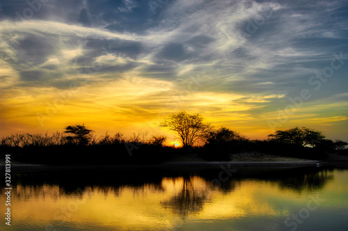 Sunset in Senegal lake. Africa.