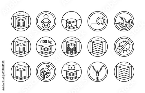Mattress linear icons set black line icon. Different types of mattresses. Pictogram for web page, mobile app, promo. UI UX GUI design element. Editable stroke