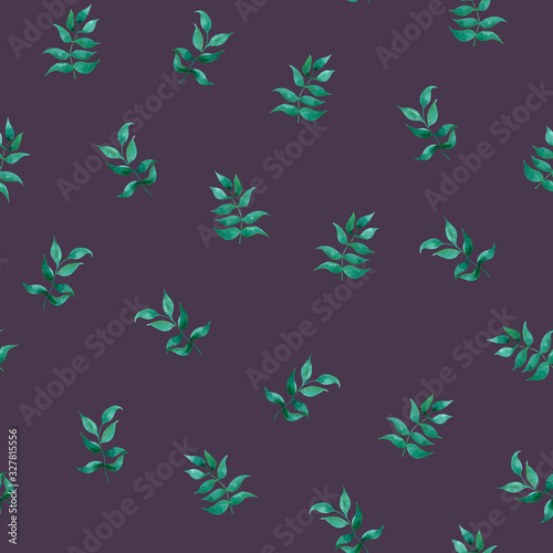 Waterolor leaves pattern. Seamless watercolor floral pattern on violet background. Hand drawn leaves pattern. Botanical endless background. 