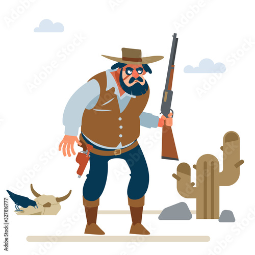 Big cowboy in the old wild west on white background. Vector flat cartoon illustration