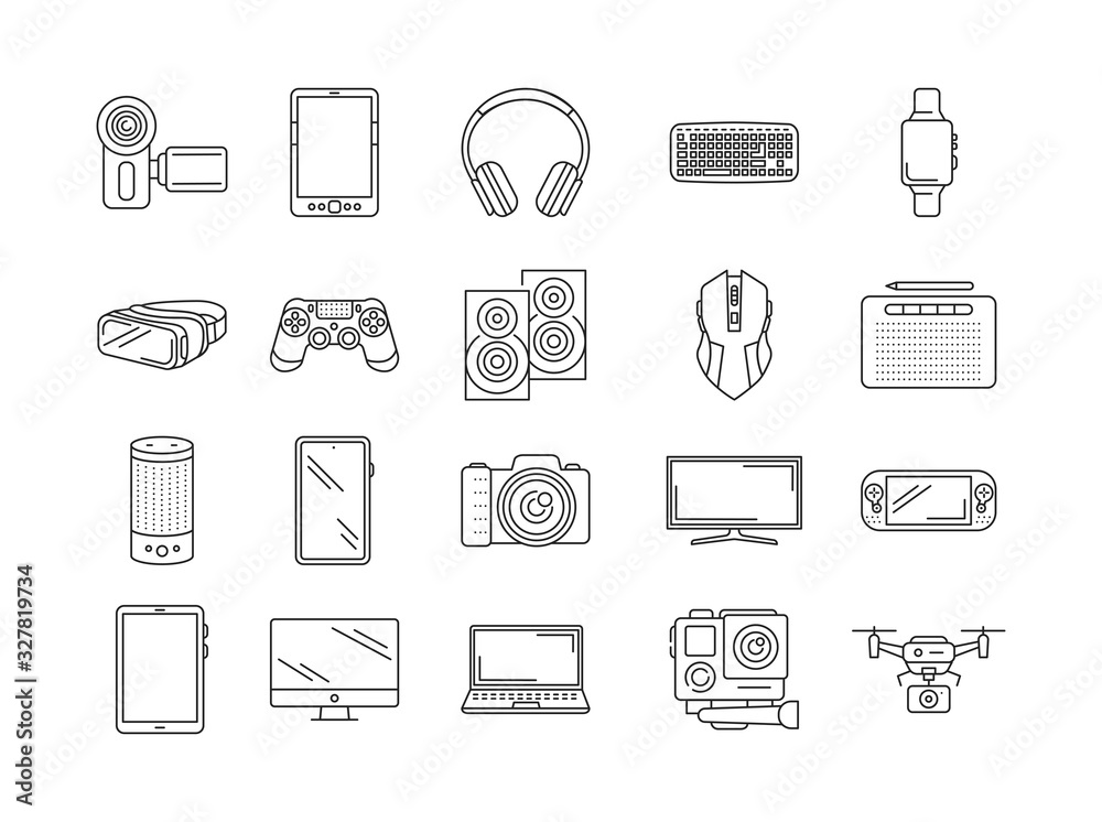 Gadgets black line icons set. Electronic devices. Designed to facilitate and improve human life. Pictogram for web page, mobile app, promo. UI UX GUI design element. Editable stroke. Gadgets black line icons set. Electronic devices. Designed to facilitate and improve human life. Pictogram for web page, mobile app, promo. UI UX GUI design element. Editable stroke.