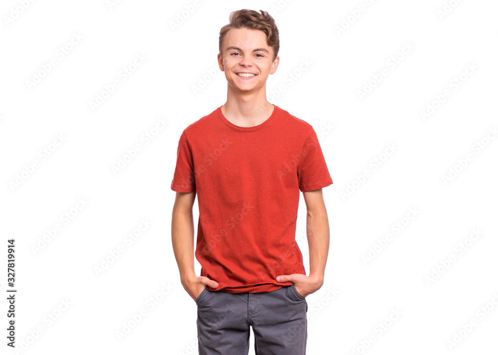 T-shirt design concept. Teen boy in blank red t-shirt, isolated on ...