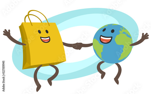 Let's go shopping! Planet Earth Character and Shopping Bag Character dancing. Joyful meeting. Sweet couple jumps holding hands.