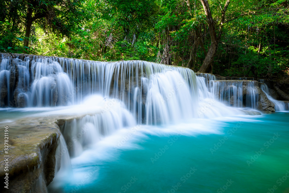 Beauty in nature, Huay Mae Khamin waterfall in tropical forest of national park, Kanchanaburi, Thailand 