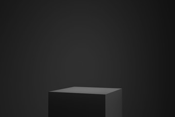 Black podium or pedestal display on dark background with cube platform. Blank product shelf standing backdrop. 3D rendering.