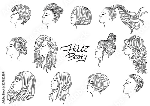 A set of twelve women s haircuts and hairstyles. Black outline on a white background. Vector graphics.