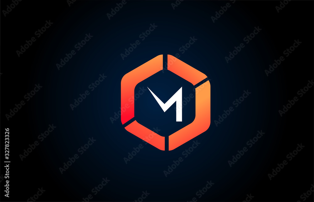 orange white polygon M letter alphabet logo design icon in black and orange for company and business